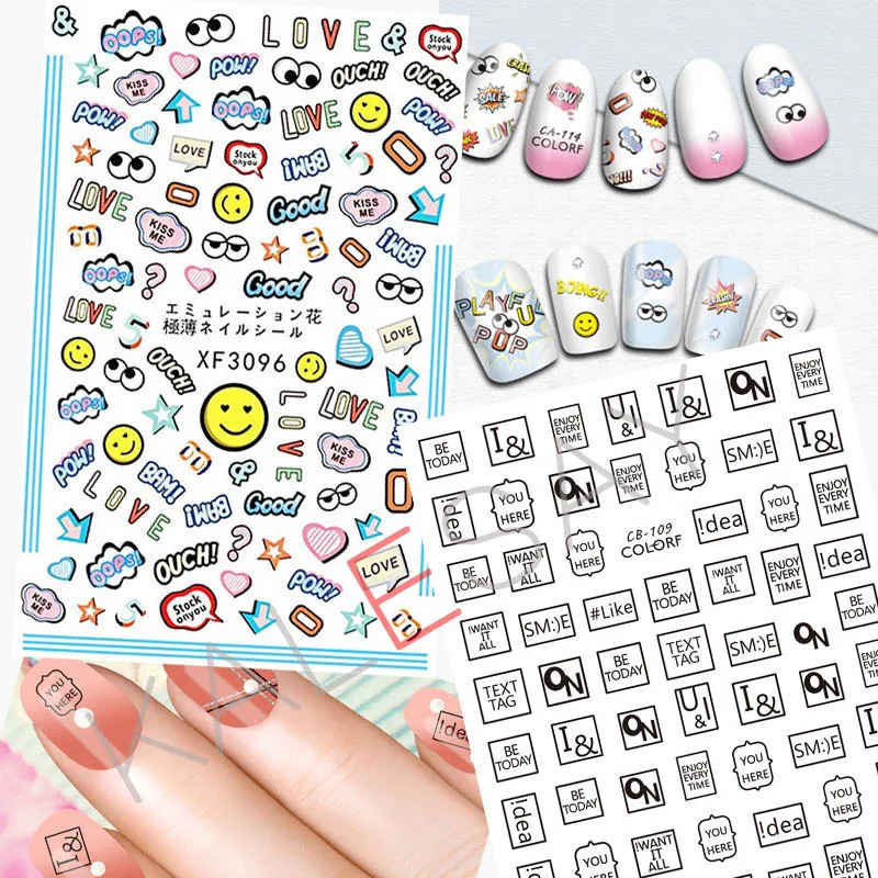 

Black Text Tag Nail Sticker for Nails Decoration Back Glue Smiling Face Label Decals Manicure Design Nail Art Stickers Big Eyes