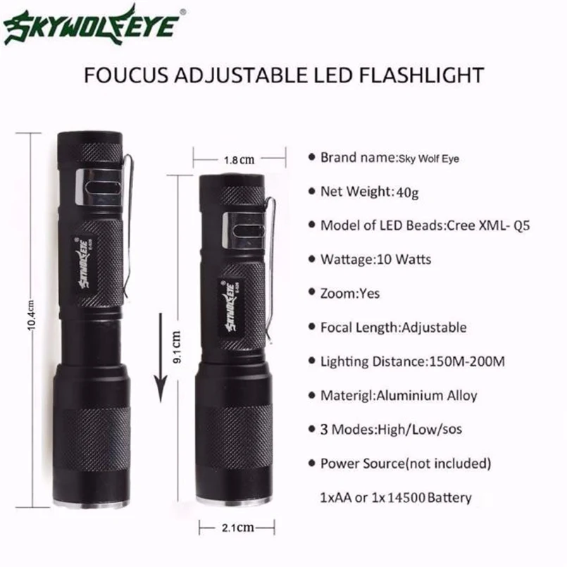 Skywolfeye Portable Flashlight 4000LM Zoomable XM-L Q5 LED Flashlight 3 Mode Torch Super Bright Light Lamp  F#4O04 (11)