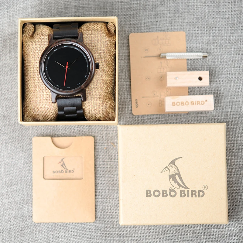 BOBO BIRD V-P10 Watches Men Natural Black Wooden Ebony Quartz Fashion Wristwatch with Red Second Hand