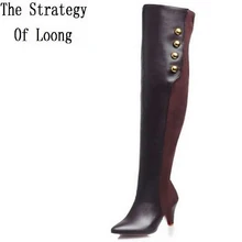 Женские осенне-зимние сапоги выше колена на высоком тонком каблуке с боковой молнией и заклепками, с острым носком, большие размеры 32-45 SXQ0813