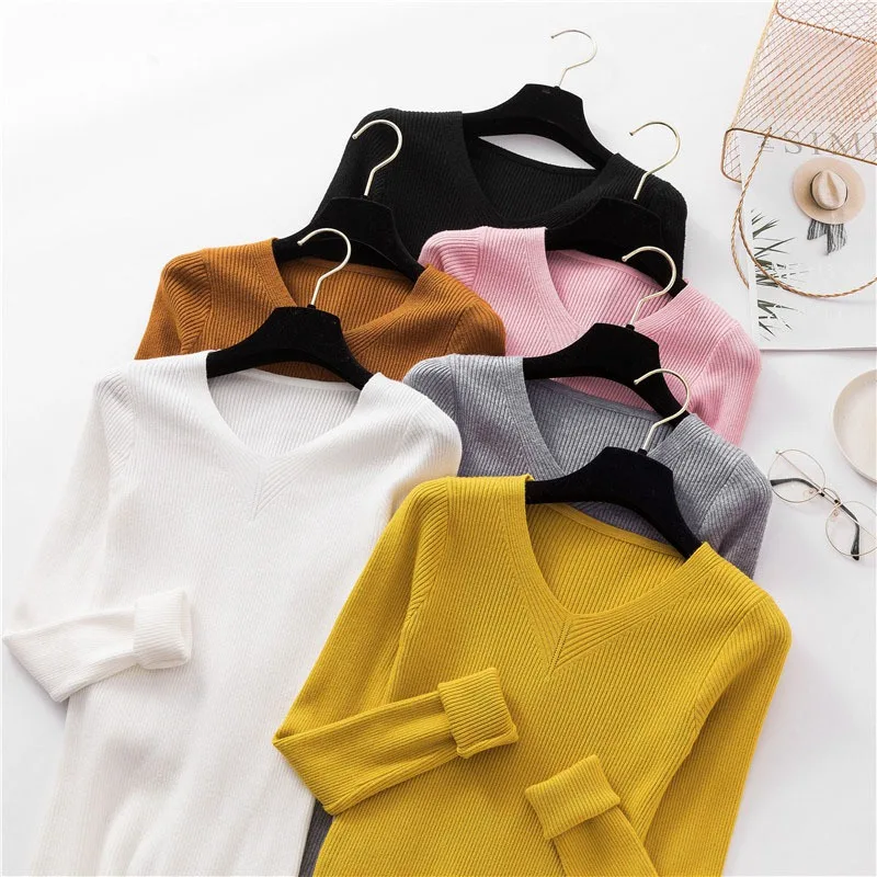 

Fashion Solid Color Women's Sweater V-Neck Pullover Long Sleeve Knit women Tops harajuku pull femme hiver Autumn Winter clothing