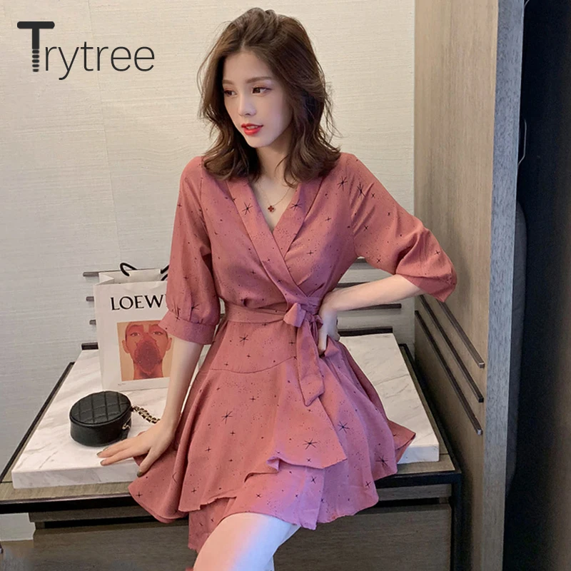Женское платье с геометрическим узором Trytree розовое абрикосовое повседневное