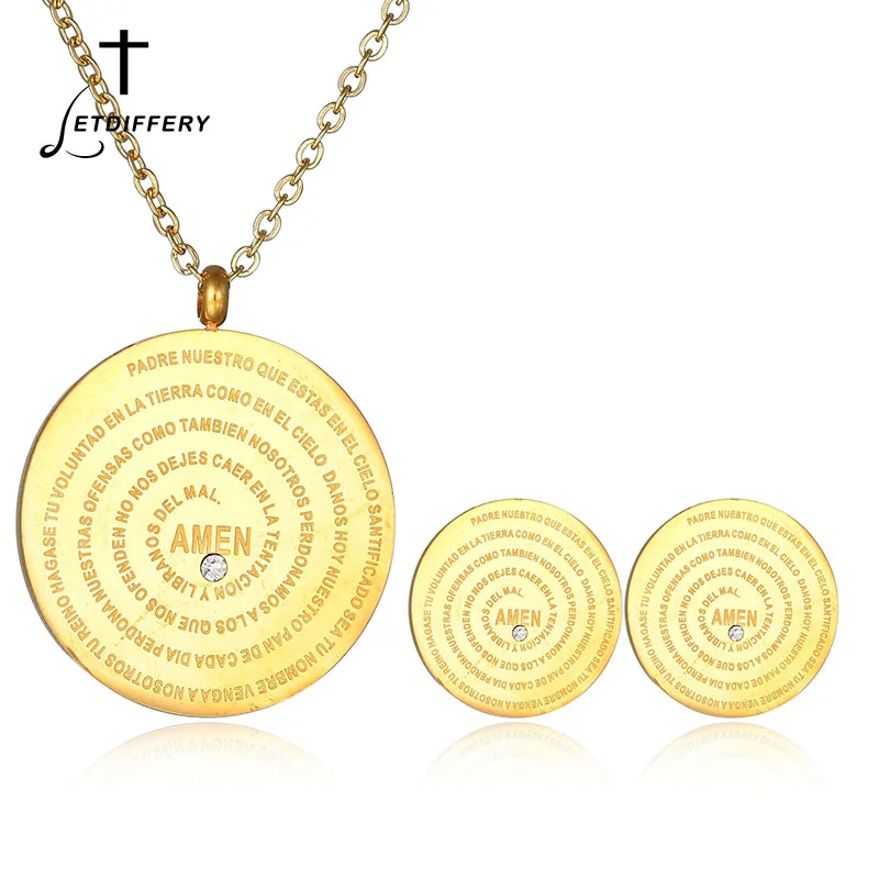 

Letdiffery Bible Medal Amulet Necklace Set Religious Rhinestone Earring Set Colar For Personality Gifts