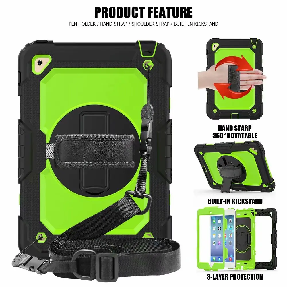 

360 Degrees Rotating Case +Neck Strap & Hand Strap for IPad Mini 4 Tablet Kids Heavy Duty Silicone Hard Back Cover Shell + Pen