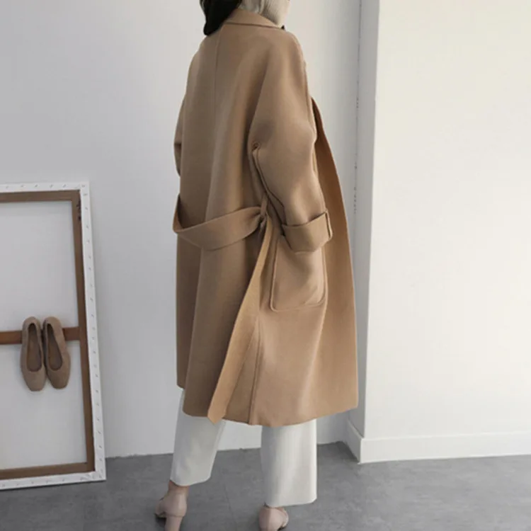 Офисные женские свободные длинные зимние модные шерстяные пальто с поясом и отложным воротником, шерстяное пальто и куртка с карманами, пальто Femenino