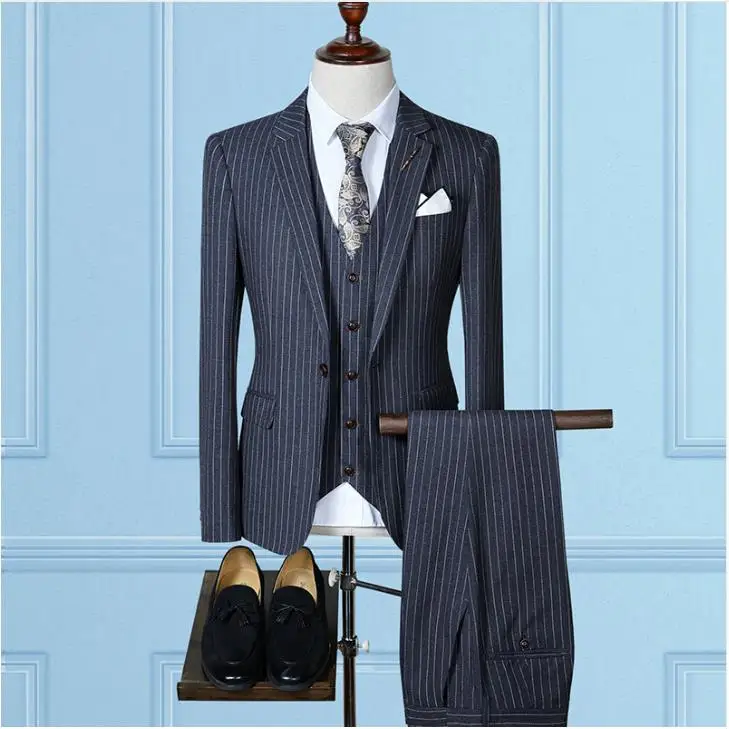 

trajes de hombre Suit Men Causal Woolen Grid Men's Suis,Wedding Dress Men's Business Suits (Jacket+Vest+Pants) terno masculin