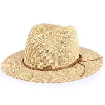

Women's Summer Straw Crochet Fedoras with Flat wide brim Strap Rope Sunscreen coating Anti-UV Beach Hat Eco-friendly Grass yarn