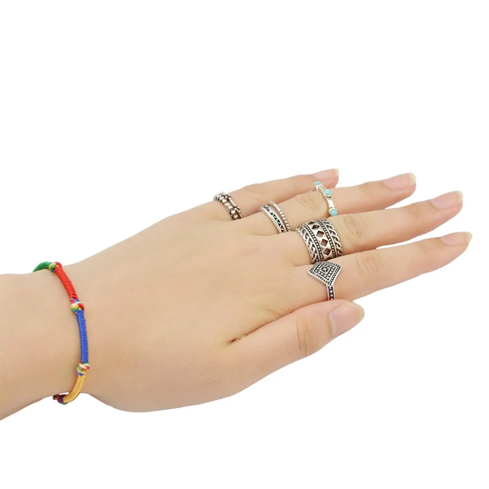 7pcs/set Bohemian Gypsy Vintage Silver plated Knuckle style Midi Rings Rhinestone Ring Set | Украшения и аксессуары
