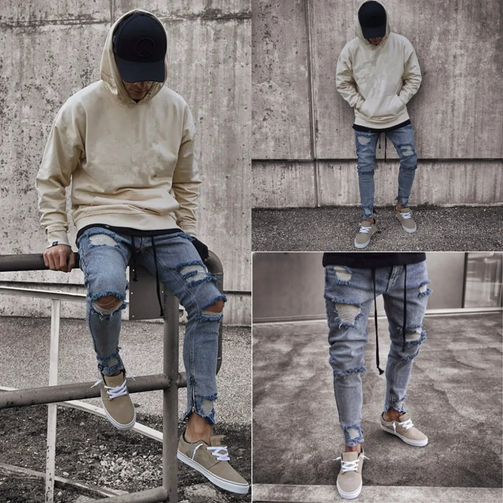 New Fashion Men's Skinny Biker Jeans Destroyed Frayed Ripped Pants Stylish Denim trousers | Мужская одежда