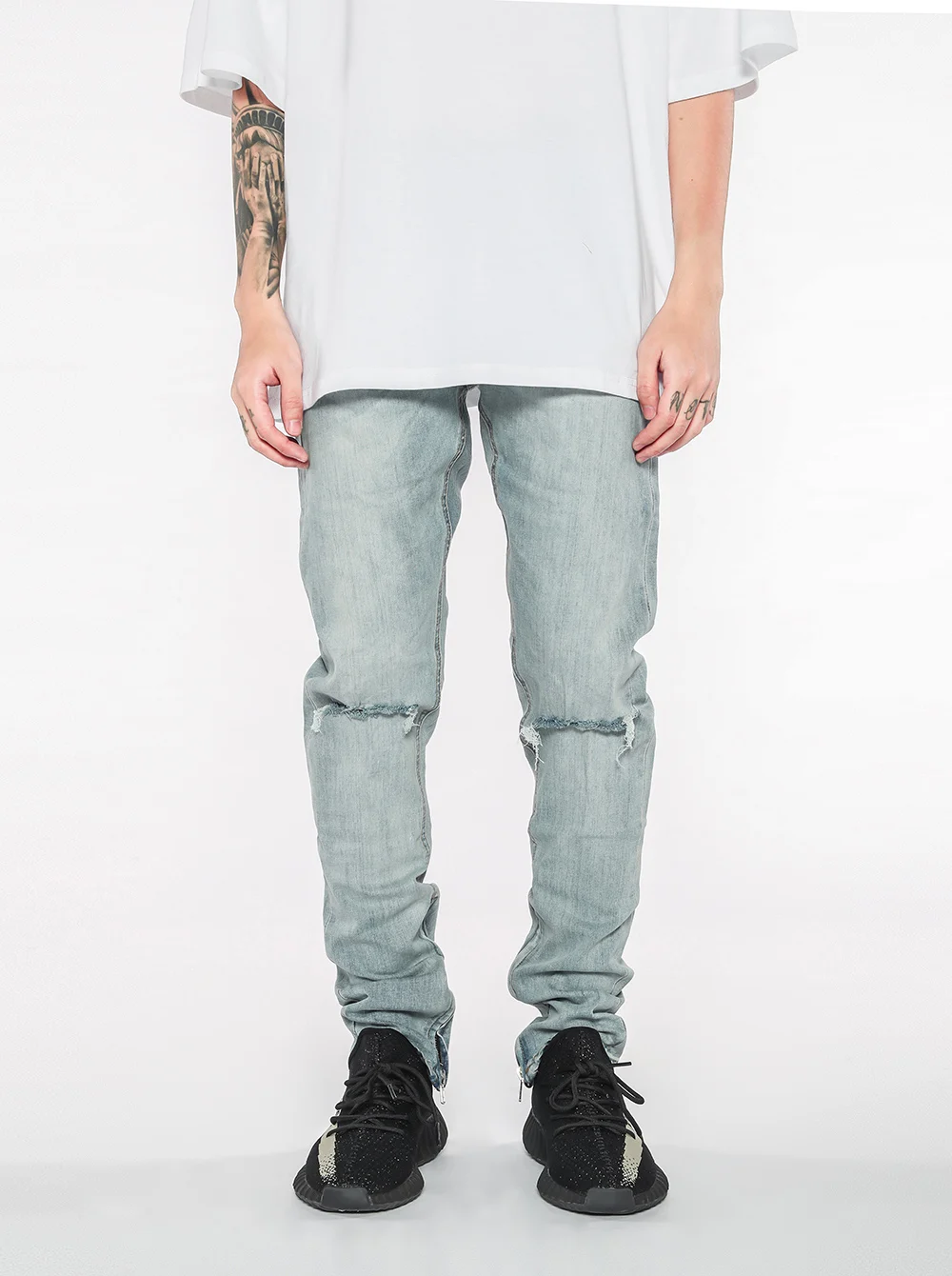 Рваные джинсы для Для мужчин хип-хоп Super Skinny синий Для мужчин Ankle zipper jeans эластичные штаны дизайнерские брендовые Модные Slim Fit Рваные брюки