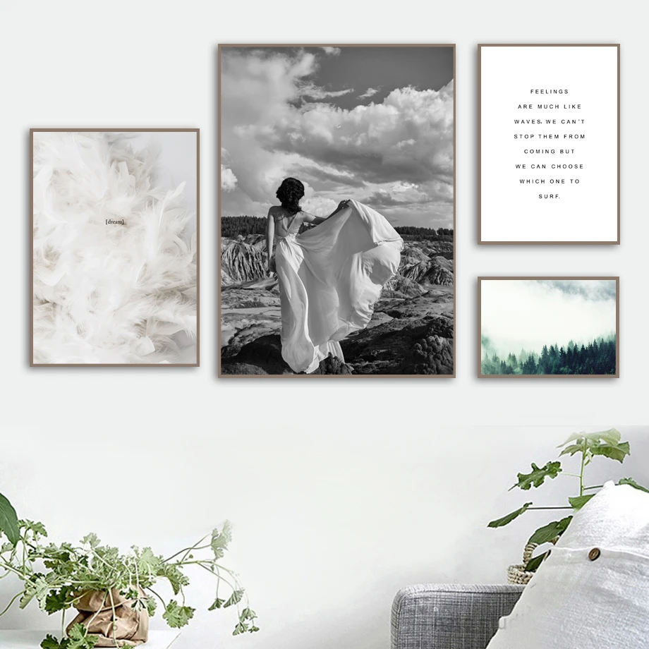 

Woman White Feather Forest Tree Quote Wall Art Canvas Painting Nordic Posters And Prints Wall Pictures For Living Room Decor