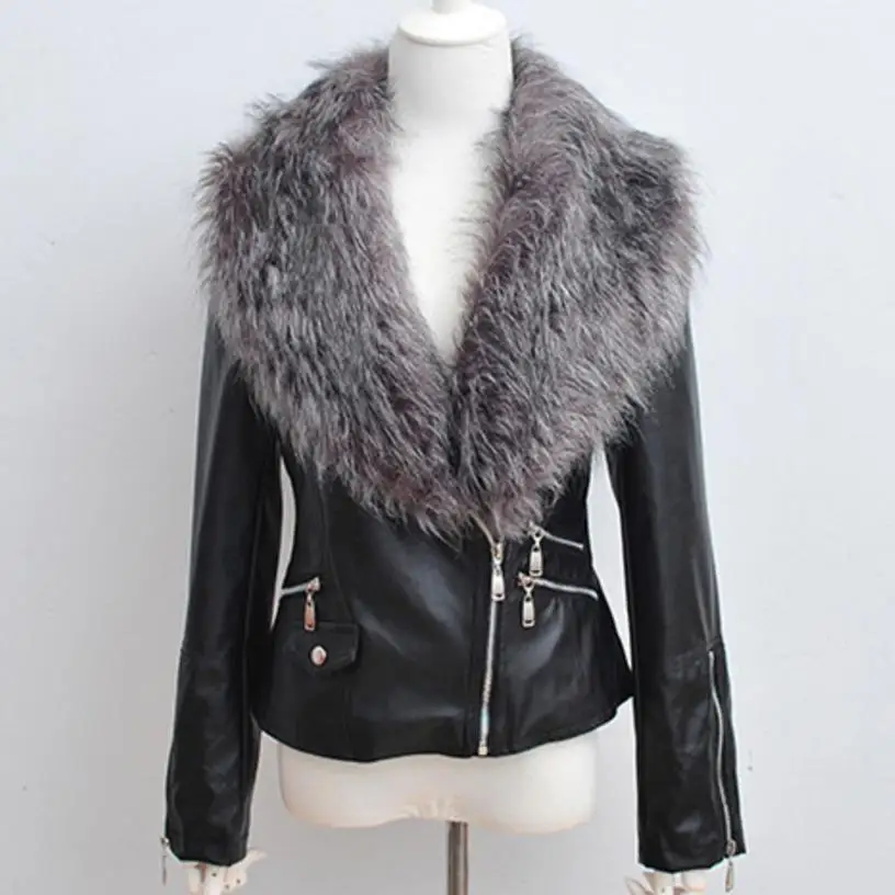 Женская куртка из искусственной кожи с меховым воротником|leather jacket women|pu leather womenpu |