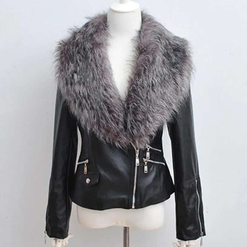 

fur collar jacket coat outerwear coat faux leather coat female PU leather jacket women