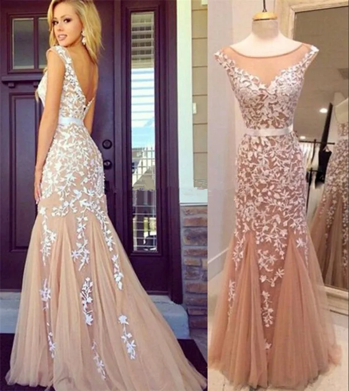 Sexy Backless Appliques Lace Tulle Champagne Prom Dresses ...