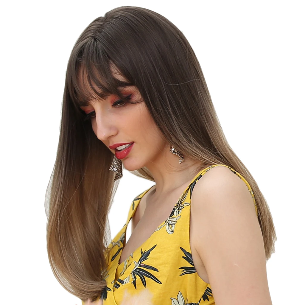 

20 inch Long Straight Synthetic Wig for Women w/ Neat Bangs Nature Wigs