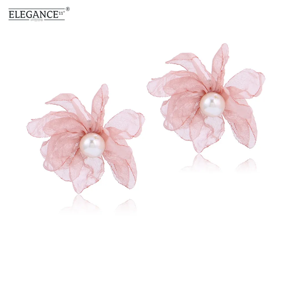 

Elegance Pink Flower Earrings Fabric Yarn Simulated Pearl Stud Earrings for Women Flower Shape Holiday Lovely Jewelry Gift