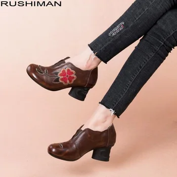 

RUSHIMAN 2019 Spring Genuine Leather Women Shoes Thick Med Heels Lady Office Work Embroider Shoes Autumn Genuine Leather Pumps