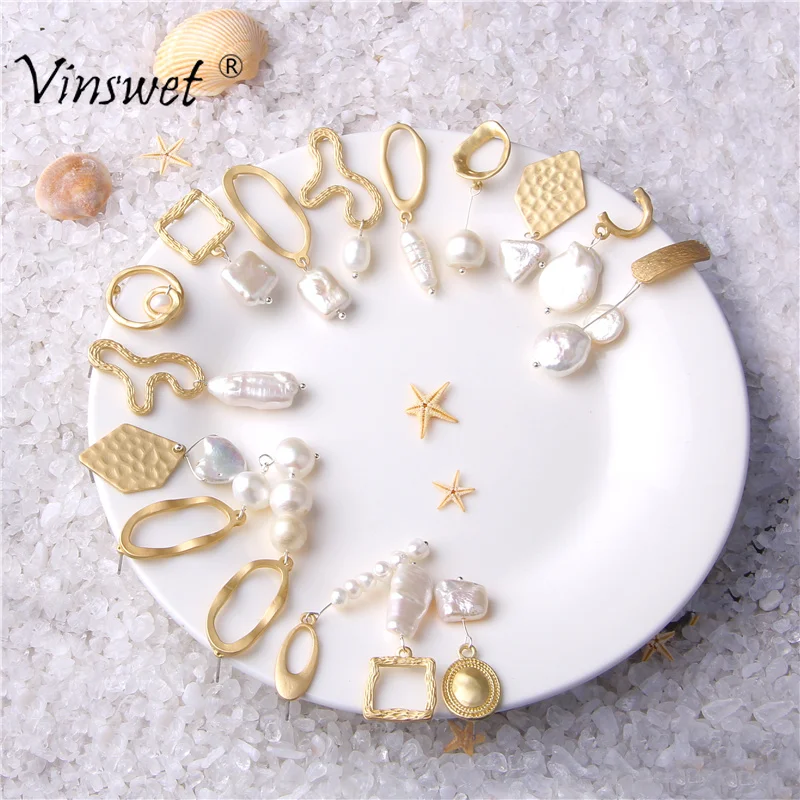 

Elegant Matte Metal Gold Square Heart Triangle Geometric Irregular Natural Freshwater Pearl Drop Earrings for Women Girl Gift