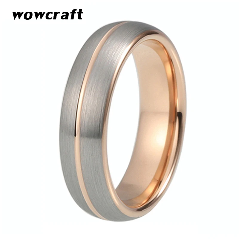 

6mm Rose Gold Tungsten Rings for Women Dome Wedding Band Grooved Center Brushed Finish Comfort Fit