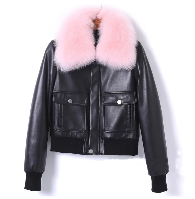 D943 Col Cuir Fourrure Vestes Renard Genine Poches Pardessus Chic Manteau En 2018 Mouton Hiver Peau Femmes rose De Nouveau Bleu zqwTCW