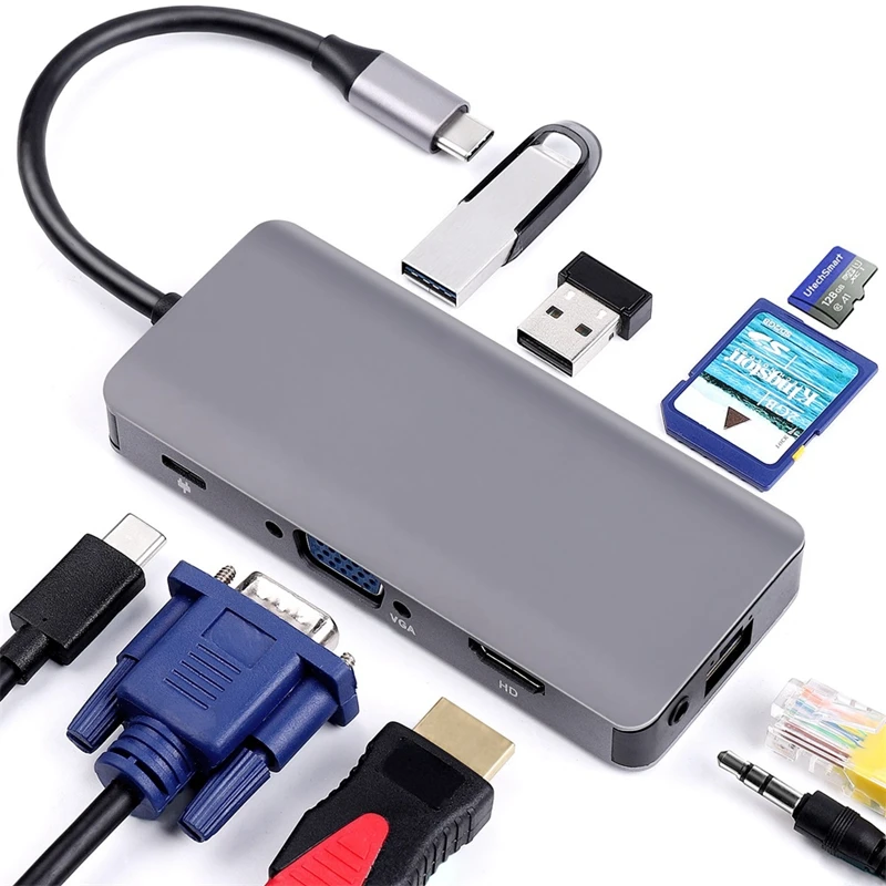 9 в 1 type C концентратор к Hdmi+ Vga выход, 2 Usb3.0 порта s, Sd/Tf кард-ридер, 1000 Мбит/с сетевой адаптер, аудио порт с Pd3.0(100 Вт