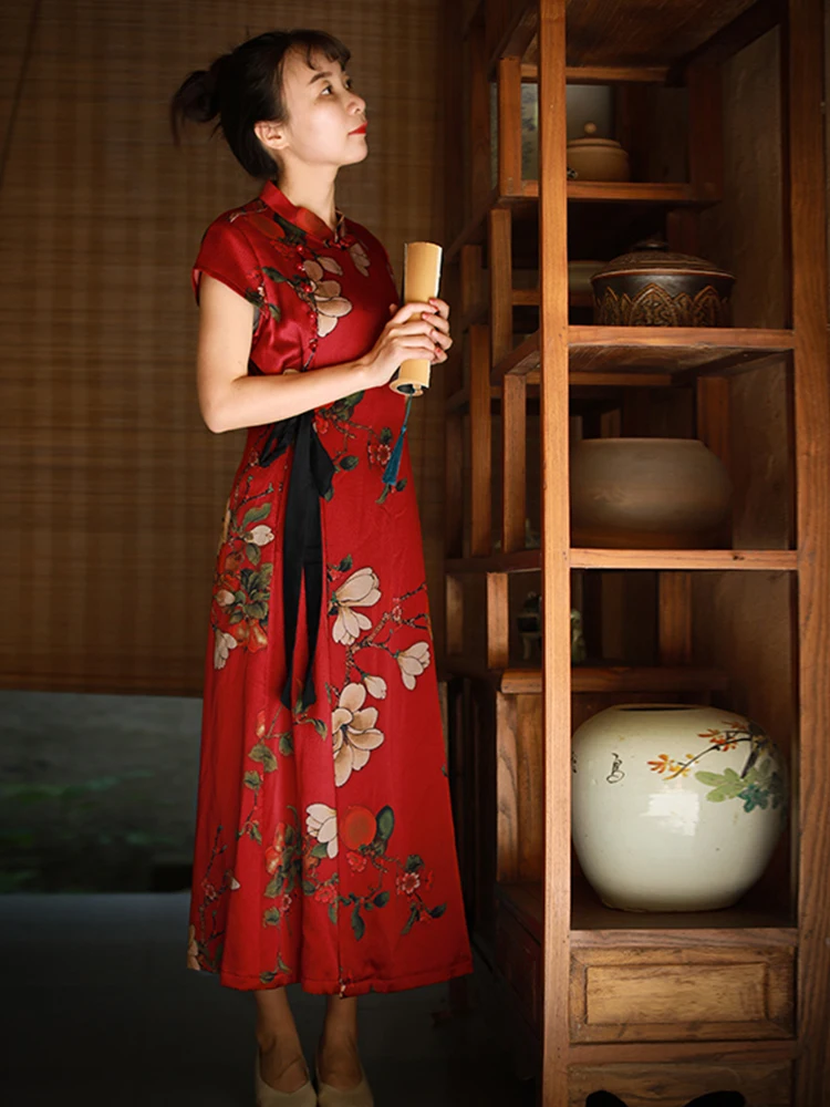 LZJN High Quality Summer 100% Real Silk Print Dress Split Qipao Chinese Style Long Cheongsam Slim Classic Women's Dress Custom (a)