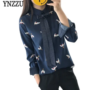 

YNZZU 2018 Spring Women Blouse Bird Print Elegant Office Lady Bow Tie Blusas Shirts Long Sleeve Women Blouses Tops YT315