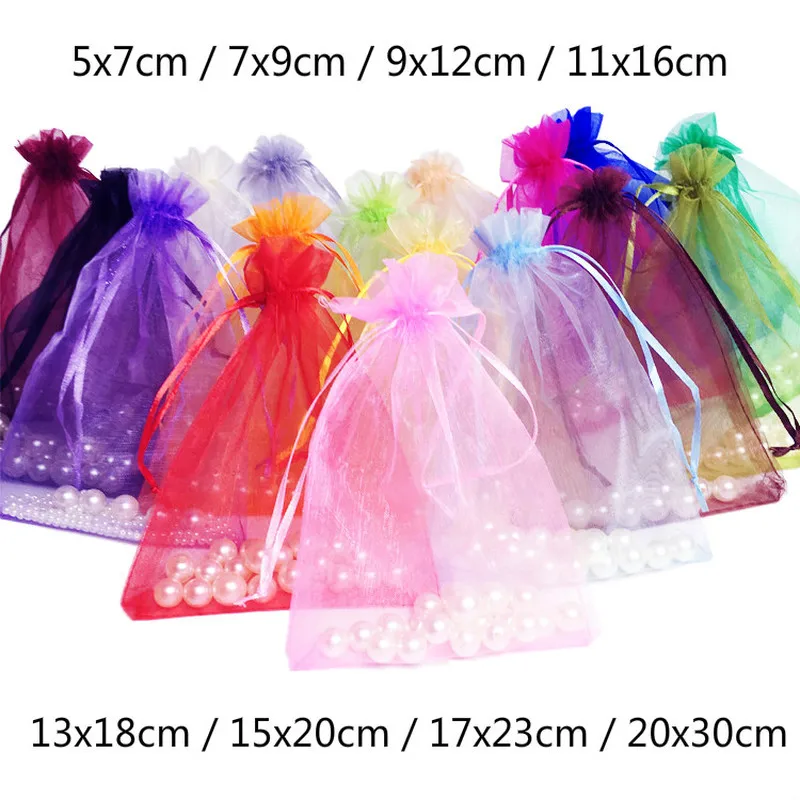 

100pcs/lot (8 Sizes) Organza Gift Bags Jewelry Packaging Bag Wedding Party Decoration Favors Drawable Gift Bag & Decor Pouches