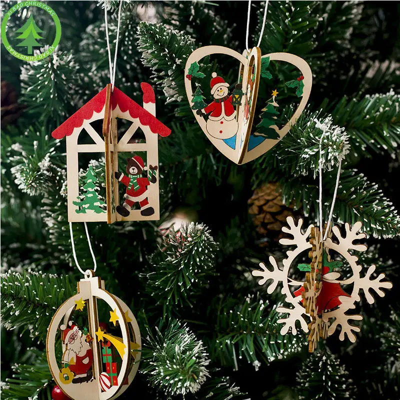 

1PC New Christmas Tree Ornaments Hanging Xmas Tree Home Party Decor 3D Pendants High Quality Wooden Pendant Decoration Color