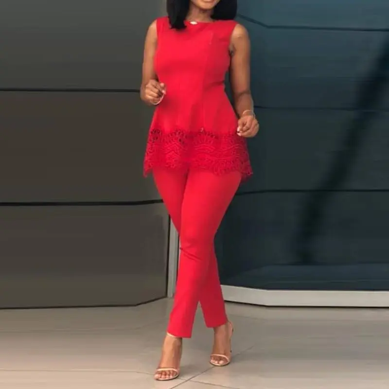 

Women Sets Office Two Piece Set Hollow Out Tank Tops Sleeveless Blue Elegant Red Sexy Slim Pencil Pants Summer Ladies Outfits