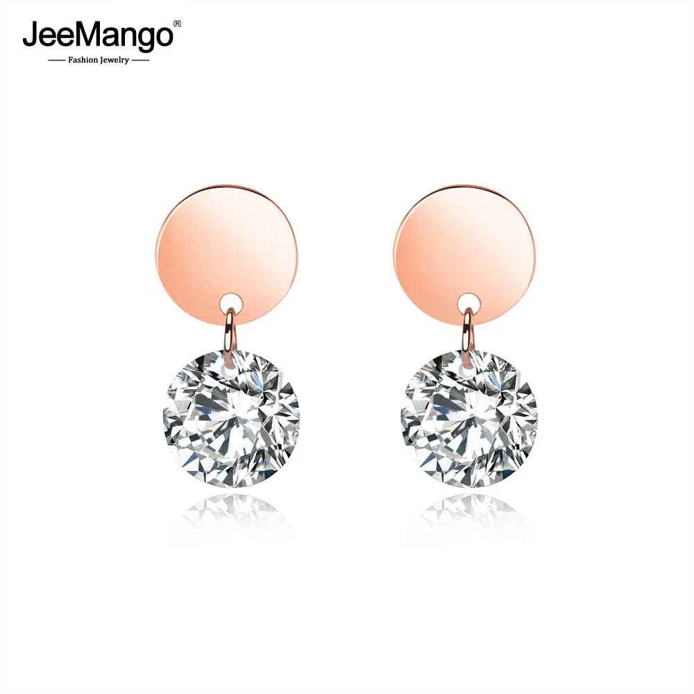 

JeeMango Titanium Steel Rose Gold Stud Earrings For Women Geometric Circular Cubic Zirconia Earrings Jewelry Brincos JE19154