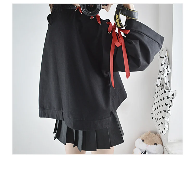 Япония стиль лиса напечатаны Крест ленты рукав пальто черный пуловер Топ Женская Осенняя рубашка с длинным рукавом один размер
