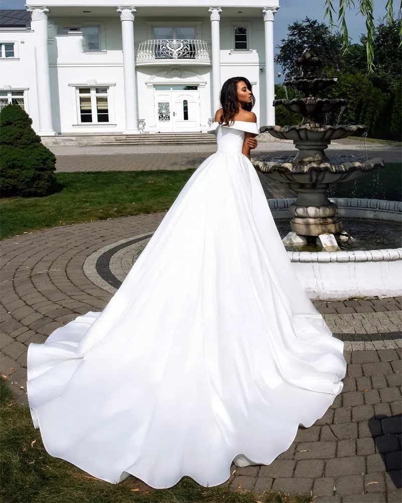 BEPEITHY Elegant Satin V-Neckline Off The Shoulder A-Line Wedding Dress With Folden Wedding Gown 2019 (2)