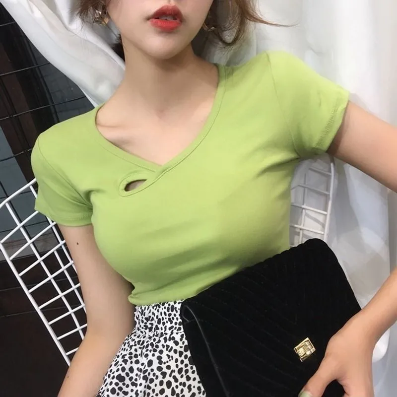 

100% Cotton Sexy T-shirt Women Short Sleeve Round Neck Fashion Tshirt Candy Color Corset Elastic Club Lady Shirt