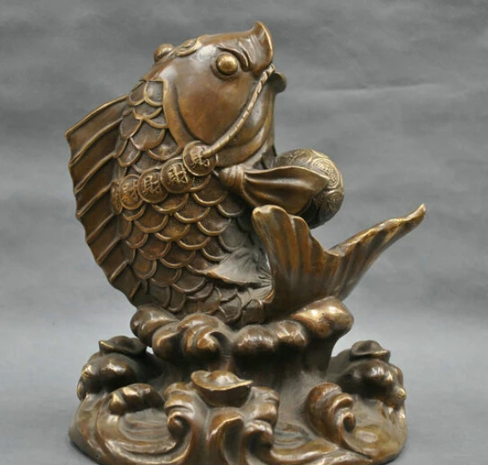 

10'' China Fengshui Coin Money Fish Play Ball Bronze Statue R0713