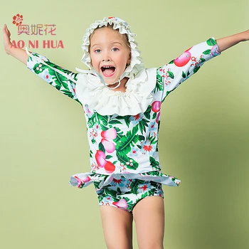 

AONIHUA 2-12 years 3pcs Sweet Ruffles Two-piece Swimsuit Girls 2017 Designer Brand Print Children baby Kids Long sleeve swimwear