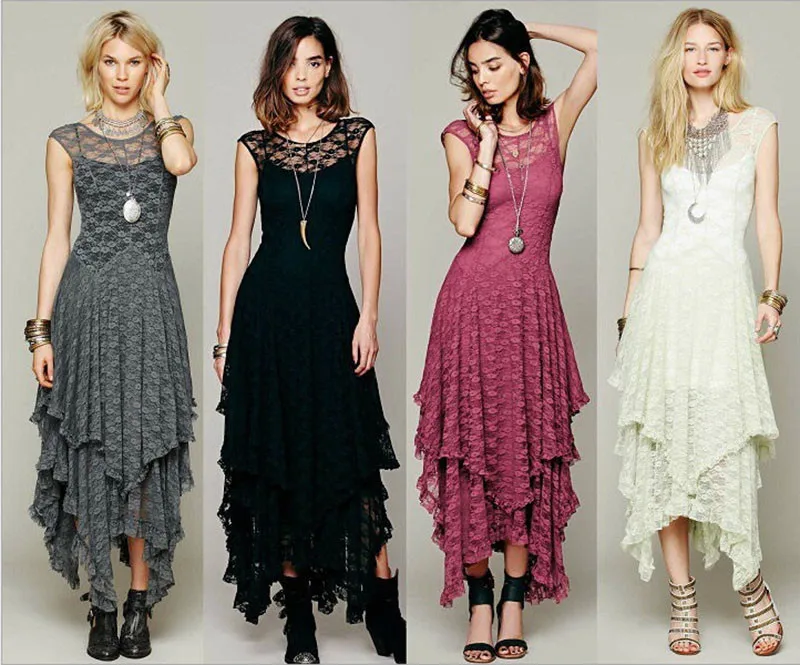 Ahmagen Sexy Irregular Lace Dress Women Hollow Out Elegant Party Dresses Backless Pleated Long Maxi Skater Dress Summer Beach Wear 201701