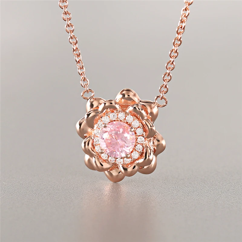 Rose Gold Color Austrian Crystal Flower Pendant Necklace for Women Fashion Jewelry Female Zircon Necklaces C25