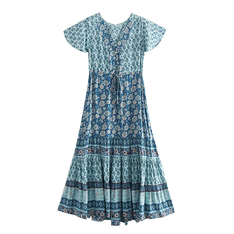 

TEELYNN Gypsy Abigail Maxi women dresses blue rayon floral print summer Dresses sexy v-neck drawstring waist BOHO dress vestidos