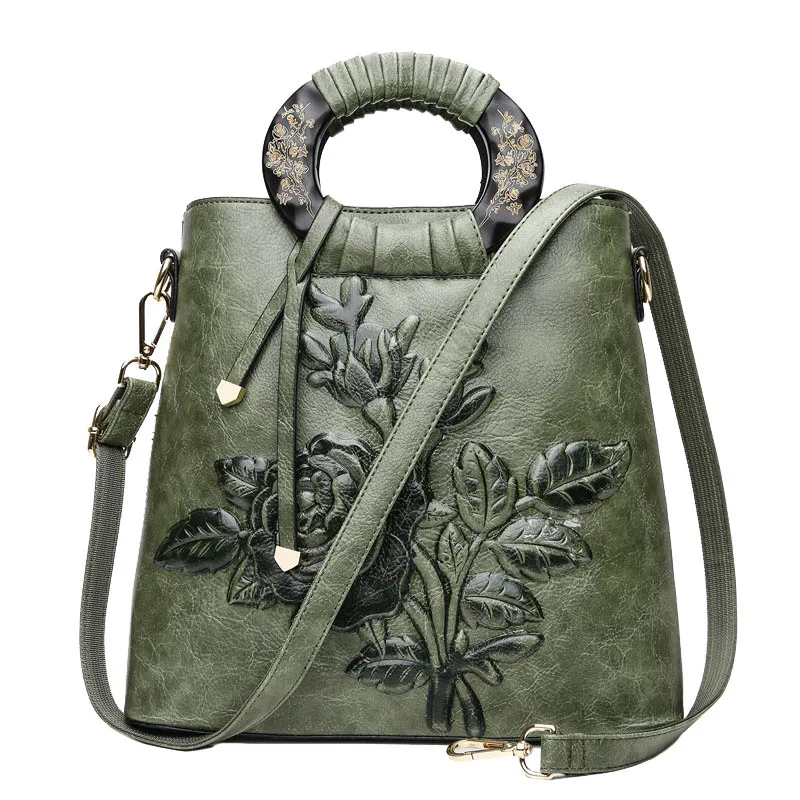 Винтажная женская сумка с принтом, дорожная женская сумка из искусственной кожи на плечо, Женская Повседневная сумка с ручкой, большая сумка через плечо с цветком - Цвет: Green