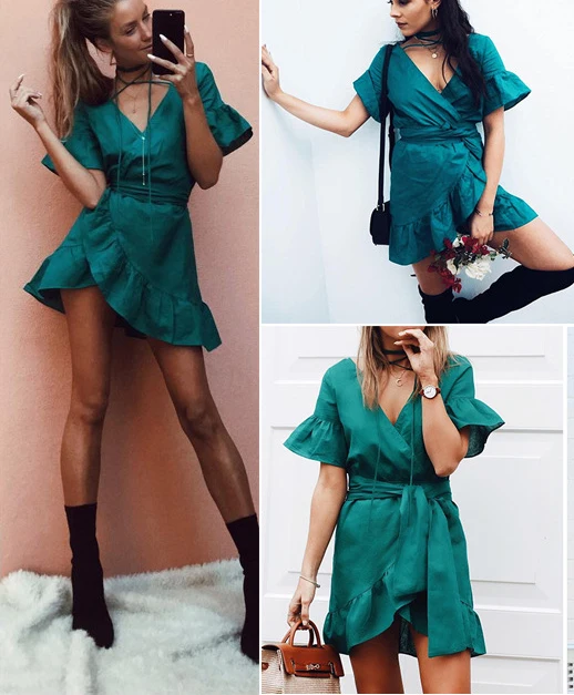 

SURETIMES Ruffled Mini Dress Women Tunic Red Sundress Irregular Deep VNeck 2019 Summer Sun Dresses Female Short Sleeve Waistband
