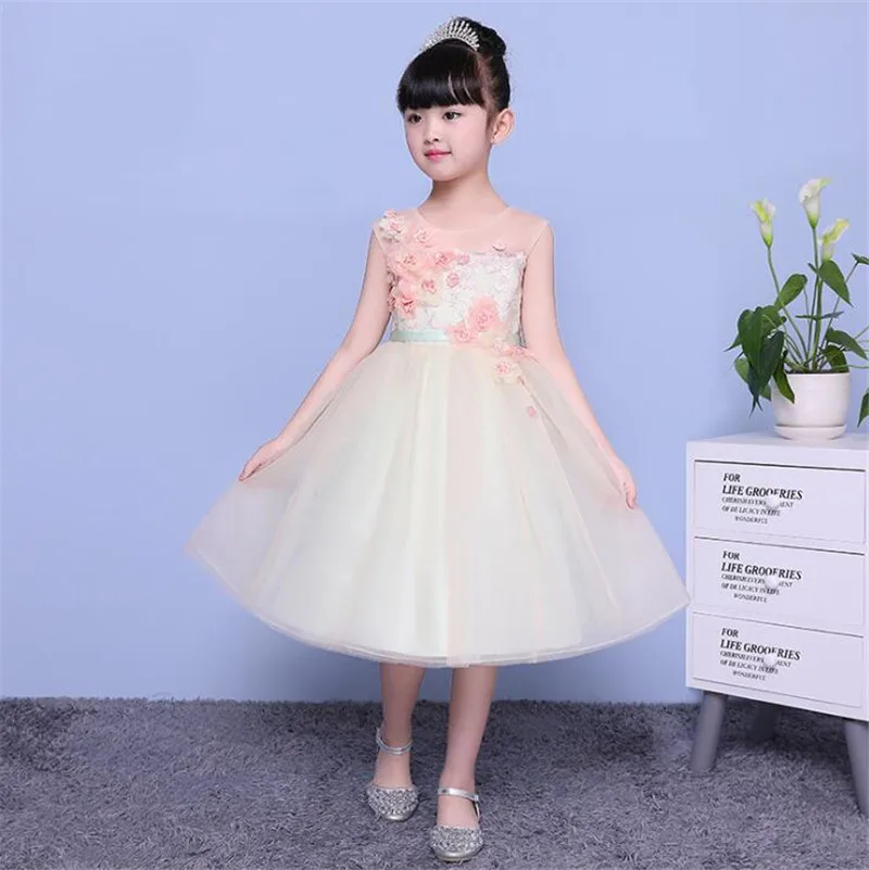 

Kids Girls Wedding Dress 2-10T Hand Applique Flower Girl Princess Dress Summer Sleeveless Girls Dress
