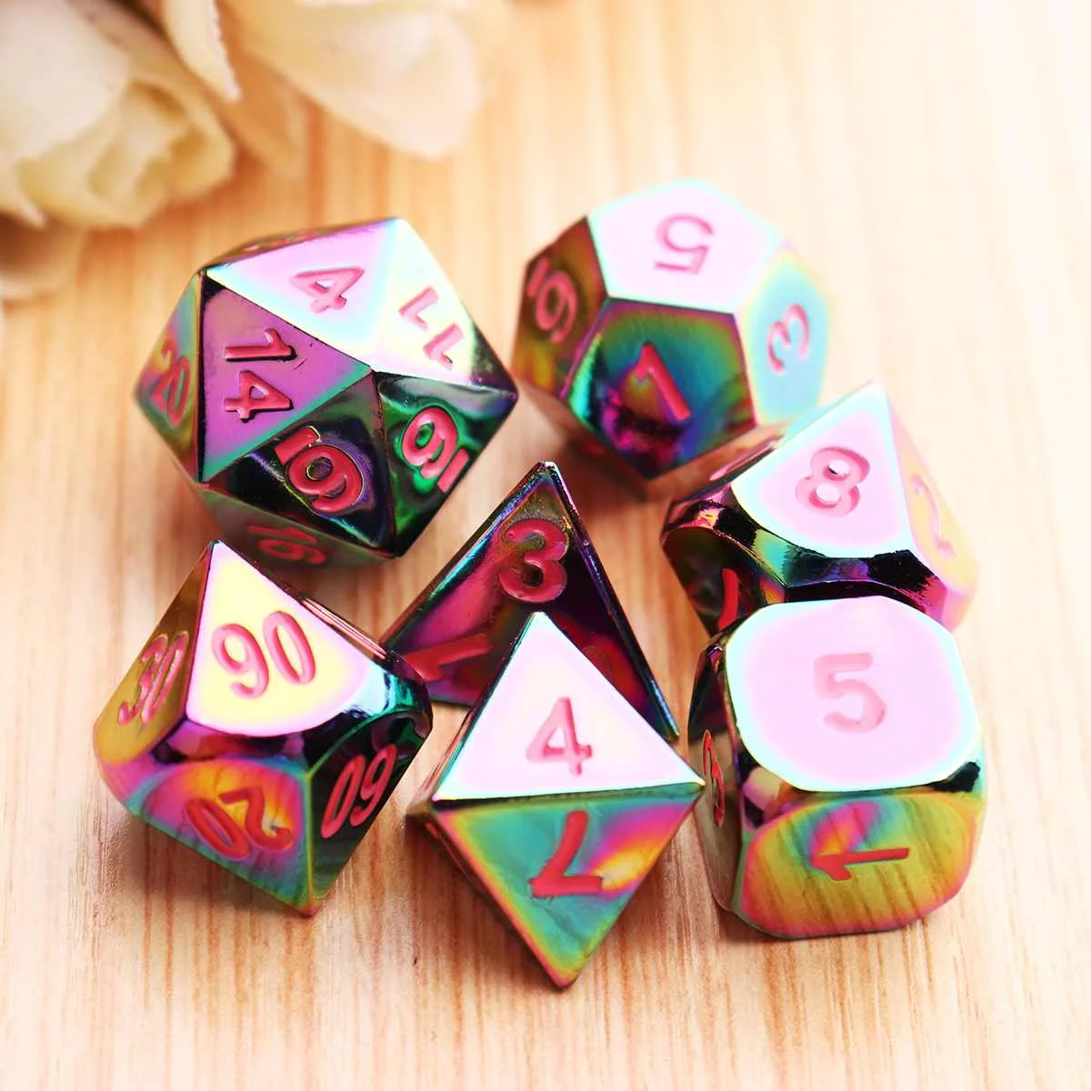 7Pcs/lot Colorful Embossed Heavy Metal Polyhedral Dice Metallic DND RPG MTG Role Playing Game with Bag