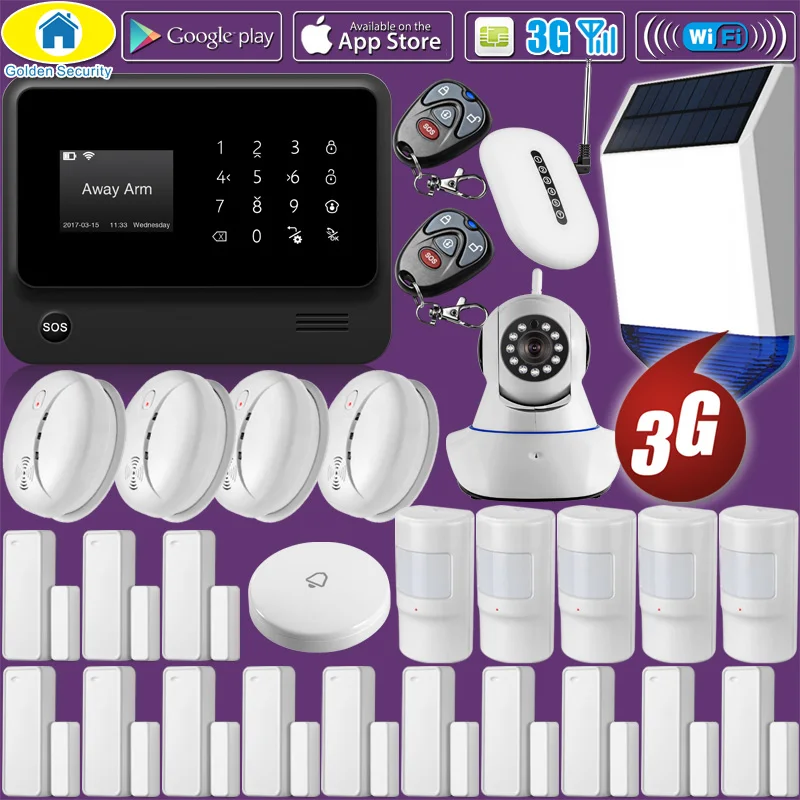 Golden Security G90B Plus+ WiFi 3G GSM WCDMA Home Alarm System SecuritySignal RepeaterSolar Power SirenSmoke Detector