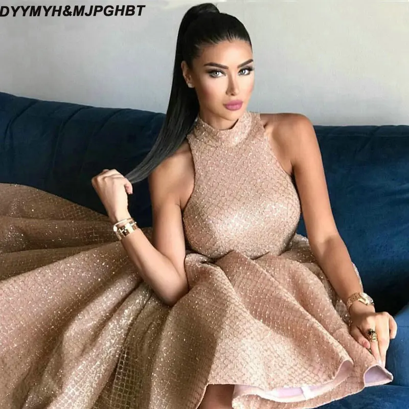

Glitter Gold Short Front and Long Back Evening Gowns Dubai Fashion High Neck Asymmetrical Formal Evening Dresses 2019