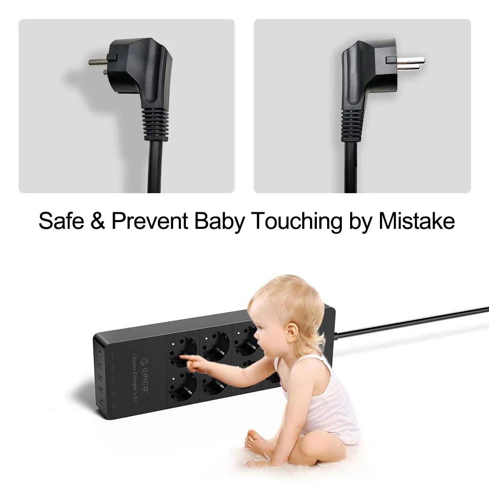 Comprar Toma eléctrica ORICO enchufe de la UE enchufe de extensión toma de corriente Protector contra sobretensiones tira de alimentación de la UE con 5x2. 4A puertos de supercargador USB