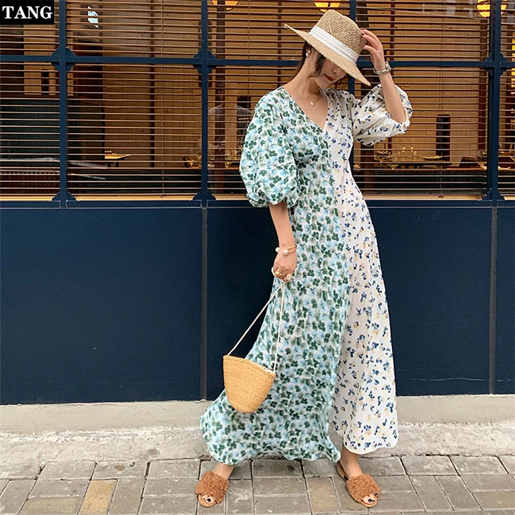 2019 Summer Deep V-neck Chiffon dress Puff Sleeve flower print Long Dress contrast color symmetry Vintage Fashion maxi M | Женская