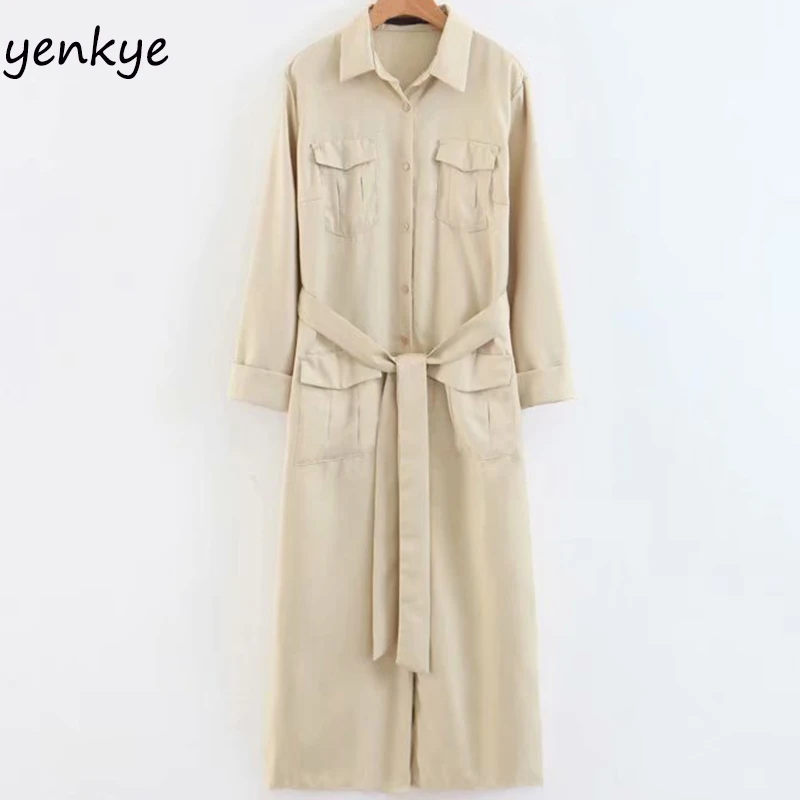 

European Style Women Solid Color Pockets Long Shirt Dress Female Turn-down Collar Long Sleeve With Belt Casual Autumn Dress
