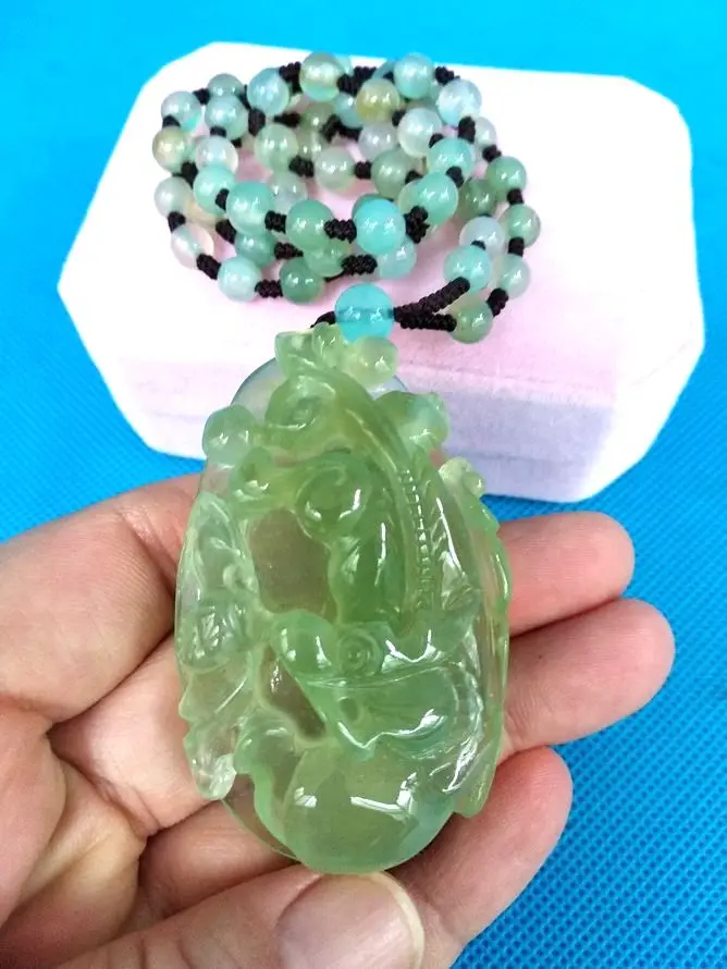 

100% Nature Green jade Pendant jadite Amulet Mala Bead chalcedony Necklace Carven FOO Dog