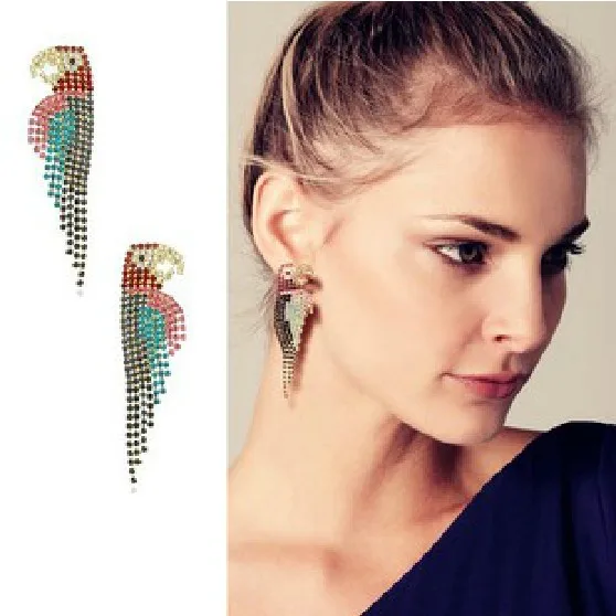 

the wind exaggerated major suit retro color luxury full rhinestone Parrot Earrings For Women Crystal Tassel Stud Earring